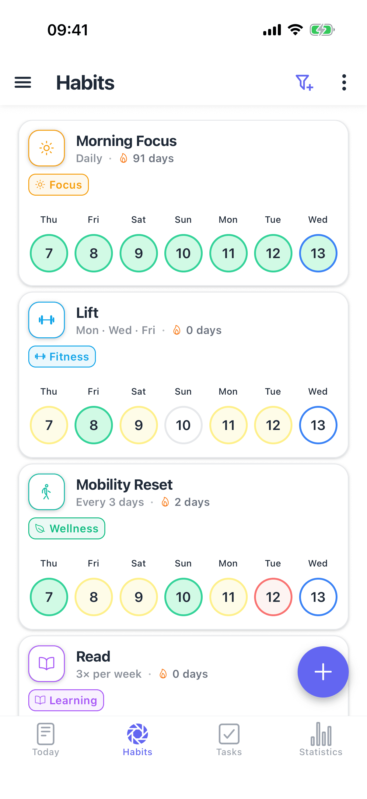 HabitGrip schedule screen showing daily, selected-day, every-N-day, and weekly frequency options