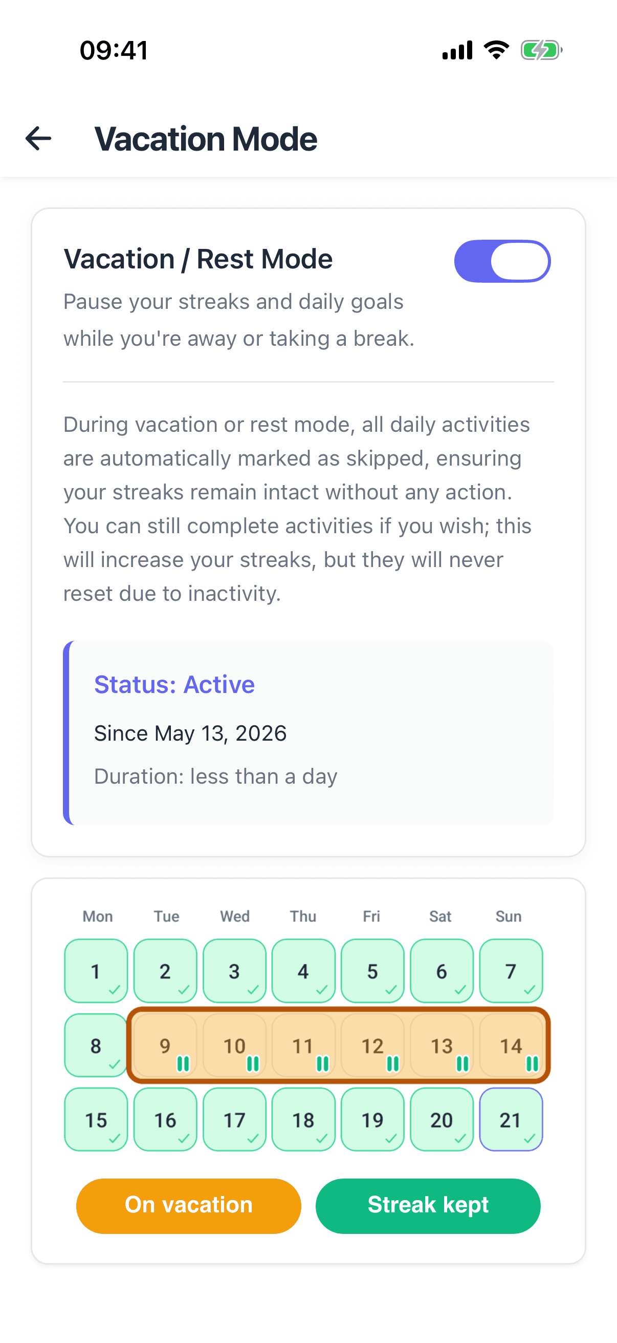 HabitGrip Vacation Mode pausing habits while preserving history