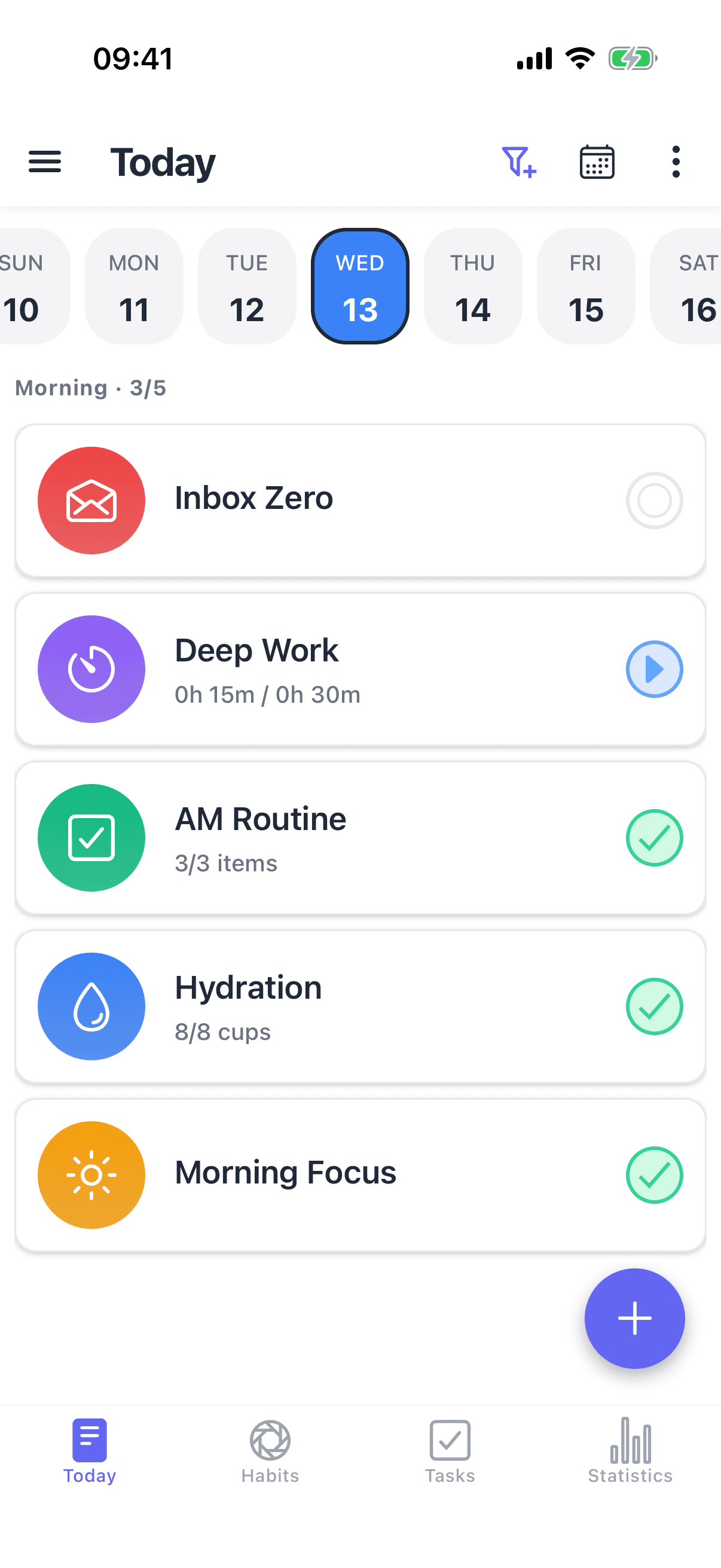 HabitGrip Today view showing habits, a numeric goal, a timer, and tasks