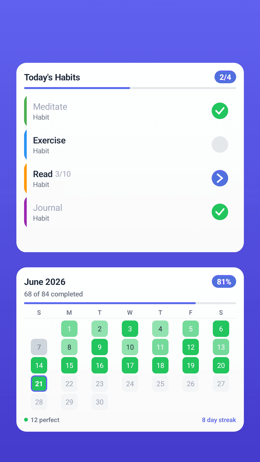 HabitGrip home-screen widgets showing Today habits and a monthly heatmap